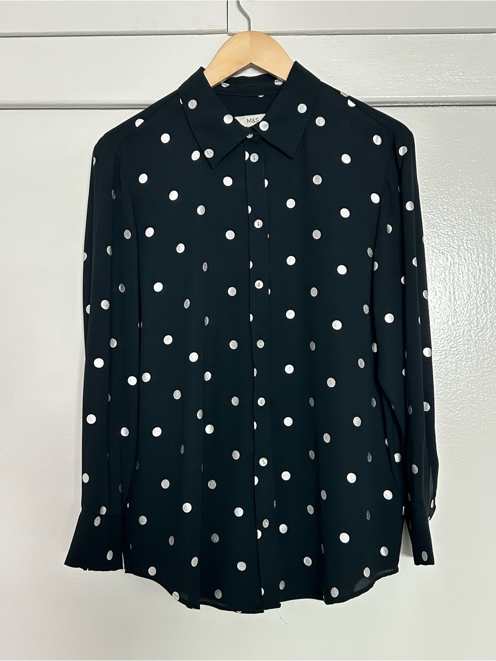 Marks & Spencer Black Blouse with Silver Metallic Polka Dots